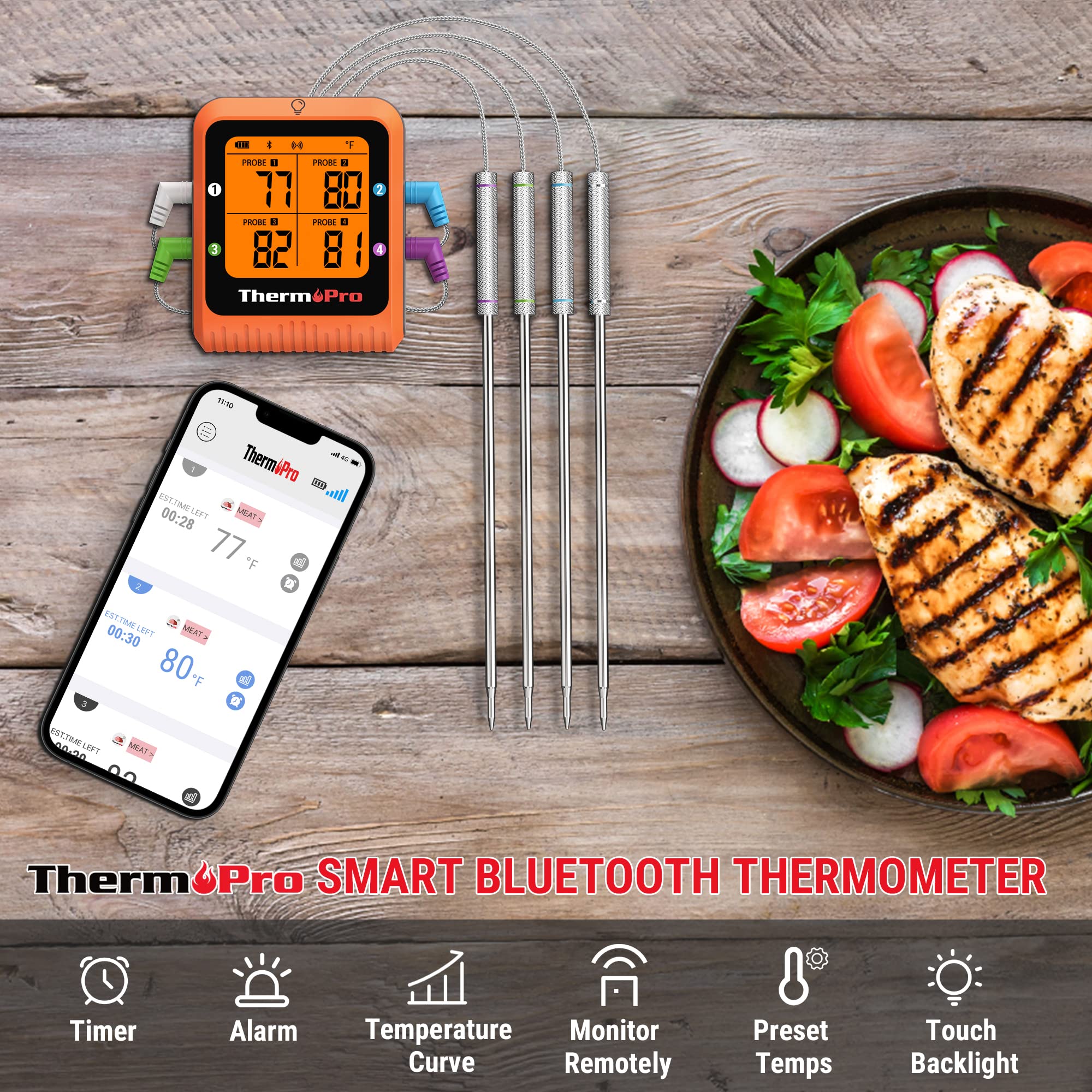 Thermopro Tp930 650Ft Wireless Meat Thermometer, Bluetooth Meat Thermometer With 4 Color-Coded Meat Probes, Grill Thermometer Wi